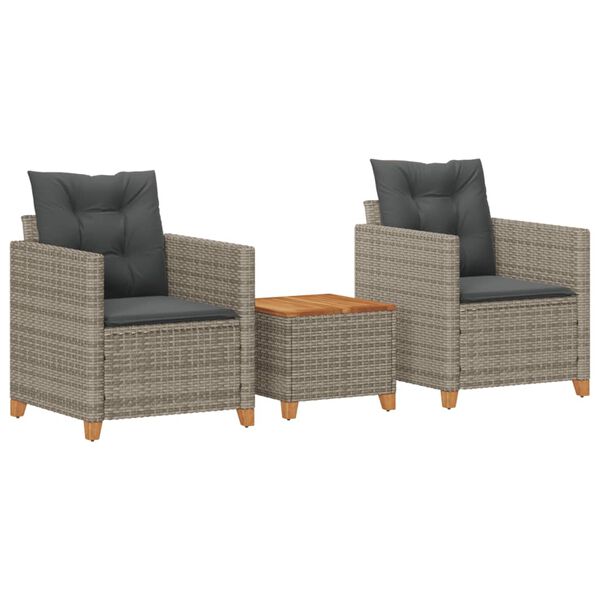 vidaXL Set da Bistrò 3 pz con Cuscini Grigio Polyrattan e Legno Acacia