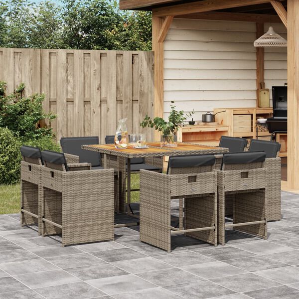 vidaXL Set da Pranzo da Giardino 9 pz con Cuscini in Polyrattan Grigio