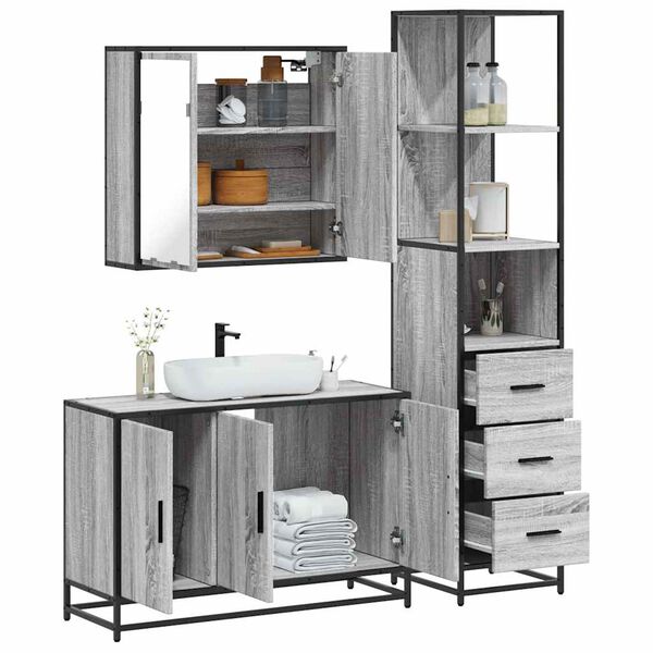 vidaXL Set Mobili da Bagno 3 pz Grigio Sonoma in Legno Multistrato