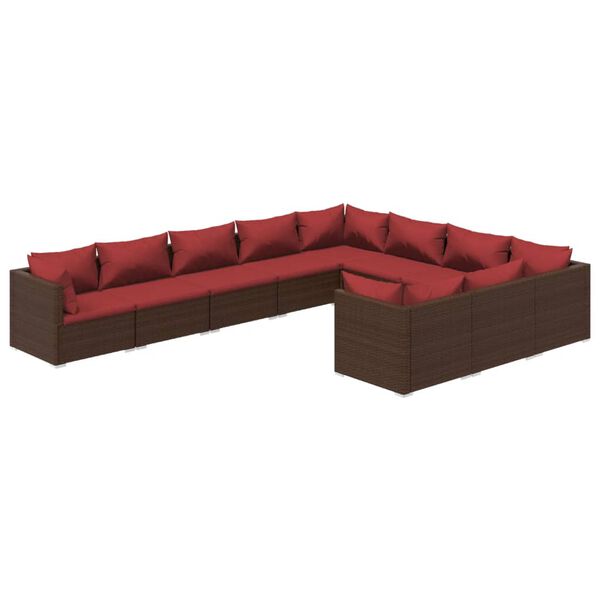 vidaXL Set Divani da Giardino 10 pz con Cuscini in Polyrattan Marrone