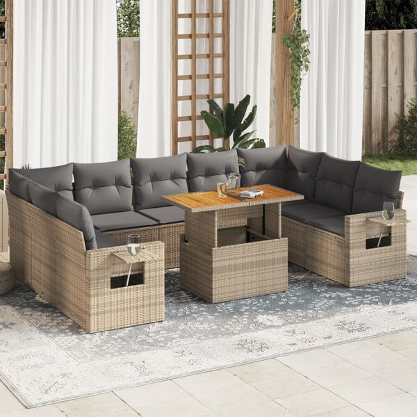 vidaXL Set Divano da Giardino 10 pz con Cuscini Beige in Polyrattan