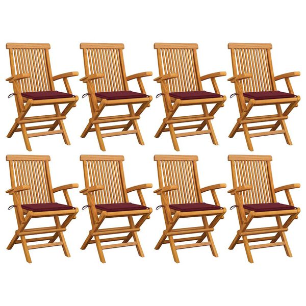 vidaXL Sedie Giardino con Cuscini Rosso Vino 8 pz Legno Massello Teak