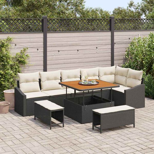 vidaXL Set Divano da Giardino con cuscino 9 pcs Nero Poly Rattan