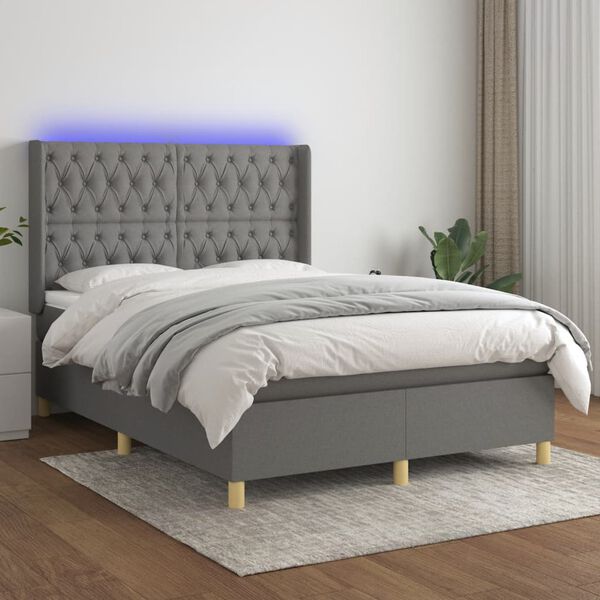 vidaXL Letto a Molle Materasso e LED Grigio Scuro 140x200cm in Tessuto