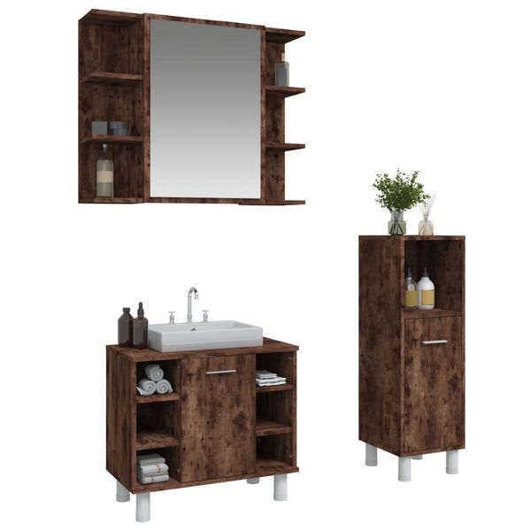 vidaXL Set Mobili da Bagno 3 pz Rovere Fumo in Legno Multistrato