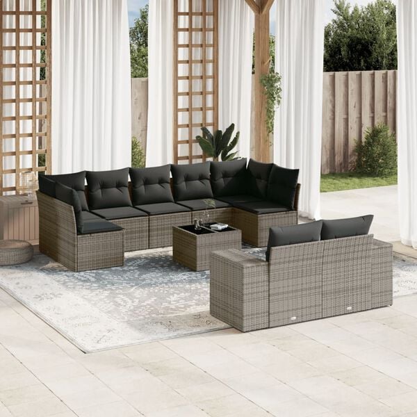vidaXL Set Divano da Giardino 10 pz con Cuscini Grigio in Polyrattan