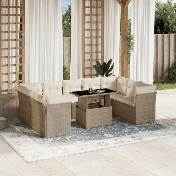 vidaXL Set Divano da Giardino 10 pz con Cuscini Beige in Polyrattan