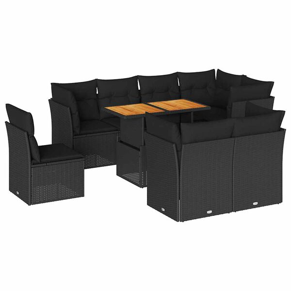 vidaXL Set Divani da Giardino 9 pz con Cuscini Nero in Polyrattan