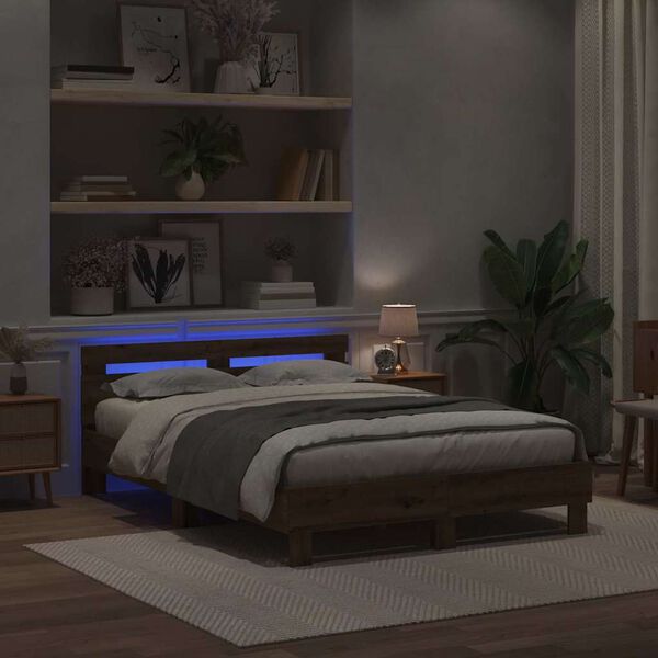vidaXL Struttura del letto con led Rovere artigianale 140 x 190 cm