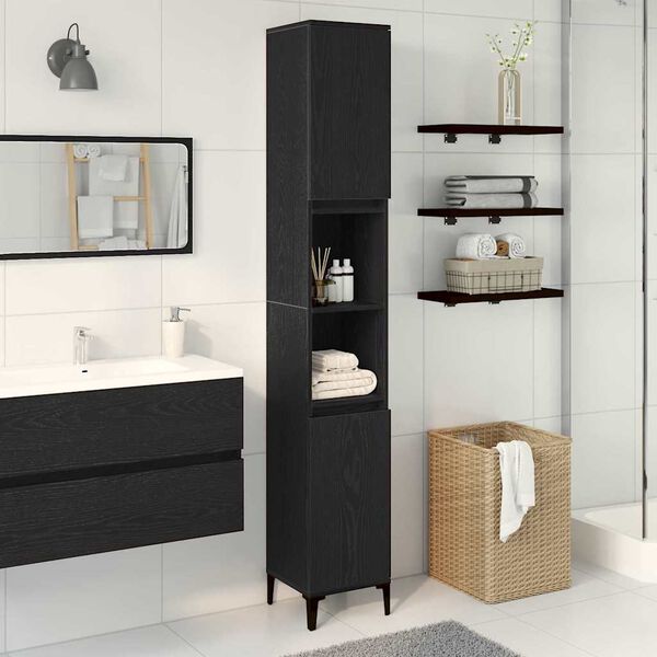 vidaXL Mobile da Bagno Rovere Nero 30 x 30 x 190 cm Legno multistrato