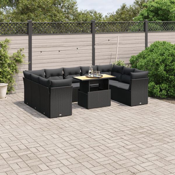 vidaXL Set Divani da Giardino 10pz con Cuscini in Polyrattan Nero