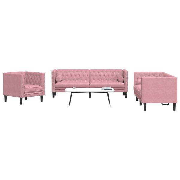vidaXL Set Divani Chesterfield 3pz con Cuscini Rosa Velluto