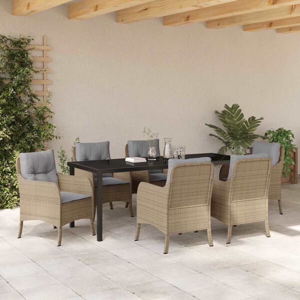 vidaXL Set da Pranzo per Giardino con cuscino 7 pcs Beige polyrattan