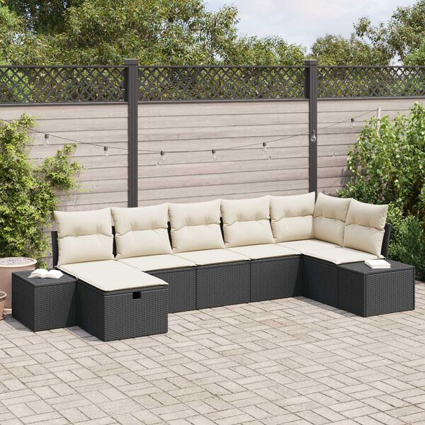 vidaXL Set Divano da Giardino con cuscino 7 pcs Nero polyrattan