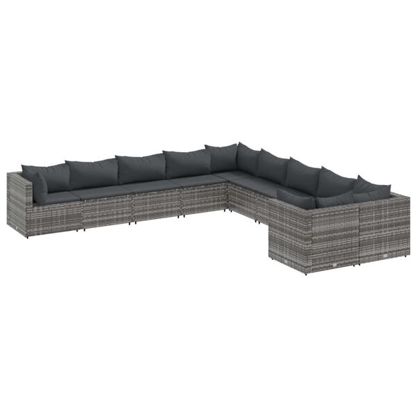 vidaXL Set Divano da Giardino 10 pz con Cuscini Grigio in Polyrattan