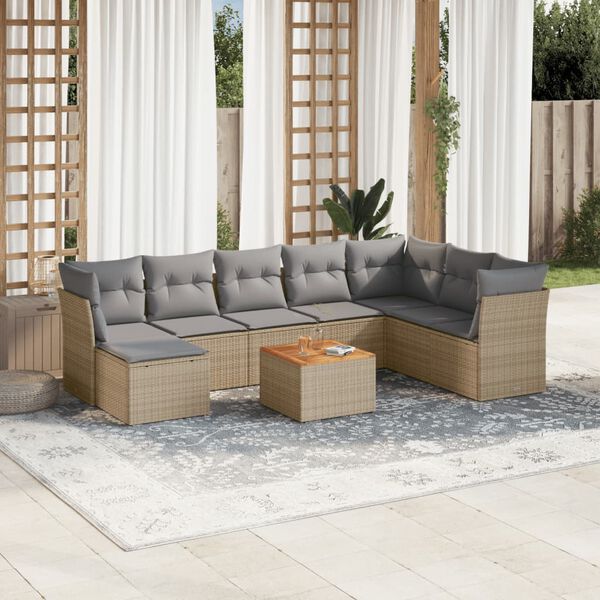 vidaXL Set Divano da Giardino 9 pz con Cuscini Beige Misto Polyrattan