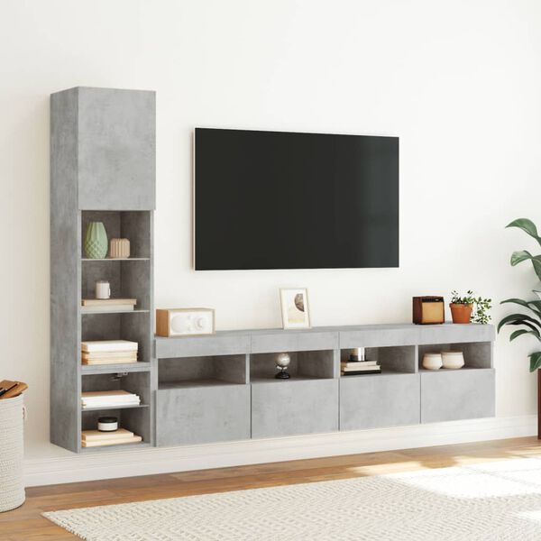 vidaXL Mobili TV a Muro con LED 4pz Grigio Cemento Legno Multistrato