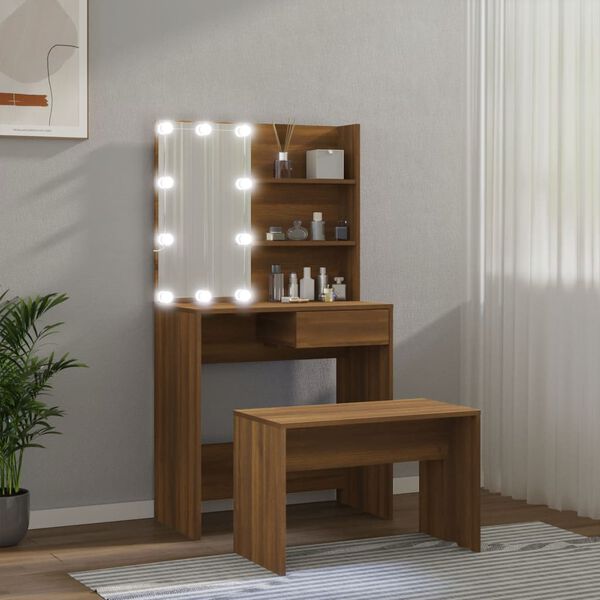 vidaXL Set Tavolo da Toeletta con LED Rovere Marrone Legno Multistrato