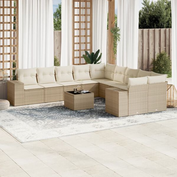 vidaXL Set Divani da Giardino 11 pz con Cuscini Beige in Polyrattan