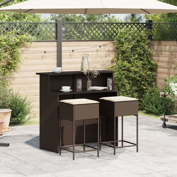 vidaXL Set Bar da Giardino 3 pz con Cuscini in Polyrattan Marrone