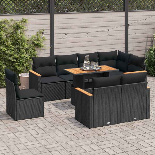 vidaXL Set Divani da Giardino 9 pz con Cuscini Nero Polyrattan Acacia