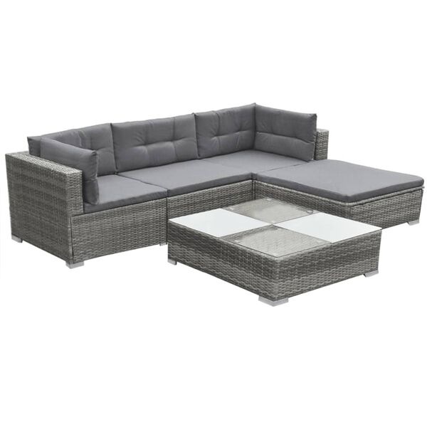 vidaXL Set Divani da Giardino 5 pz con Cuscini in Polyrattan Grigio