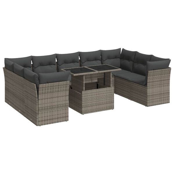 vidaXL Set Divano da Giardino 10 pz con Cuscini Grigio in Polyrattan