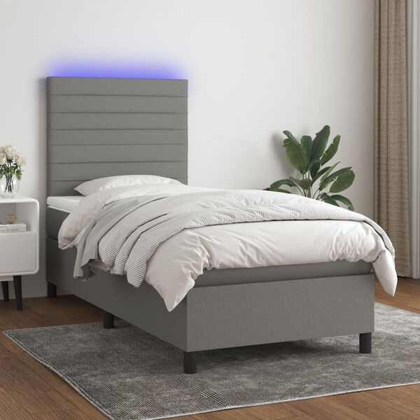 vidaXL Letto a Molle Materasso e LED Grigio Scuro 90x200 cm in Tessuto