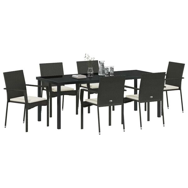 vidaXL Set da Pranzo per Giardino con cuscino 7 pcs Nero polyrattan