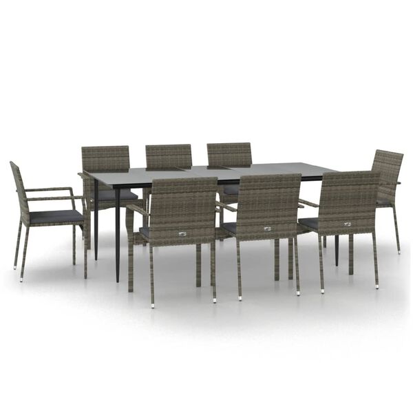 vidaXL Set da Pranzo Giardino 9pz con Cuscini Nero e Grigio Polyrattan