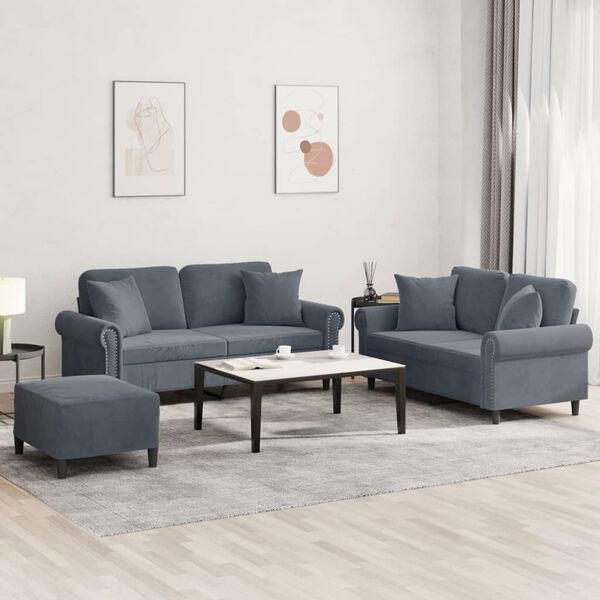 vidaXL Set di Divani 3 pz con Cuscini Grigio Scuro in Velluto
