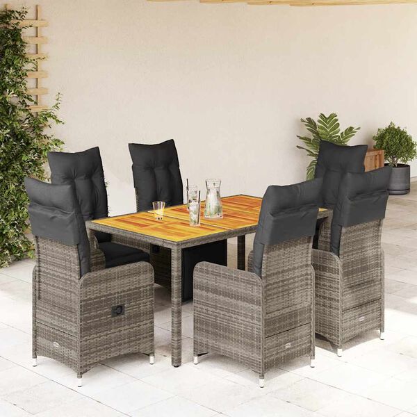 vidaXL Set Bistr&ograve; da Giardino 7 pz con Cuscini in Polyrattan Grigio