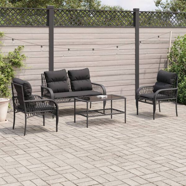 vidaXL Set Divani da Giardino 4 pz con Cuscini Nero in Polyrattan
