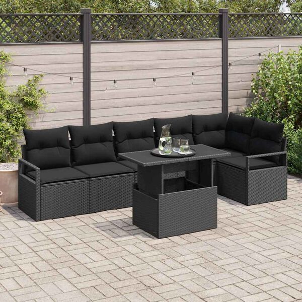 vidaXL Set Divano da Giardino con cuscino 7 pcs Nero Poly Rattan