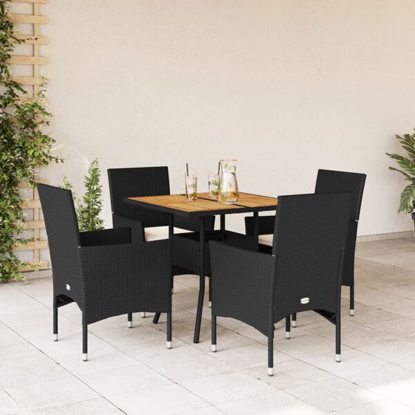 vidaXL Set Pranzo da Giardino 5 pz con Cuscini Nero Polyrattan Acacia
