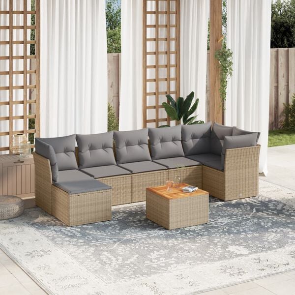 vidaXL Set Divano da Giardino 8 pz con Cuscini Beige Misto Polyrattan
