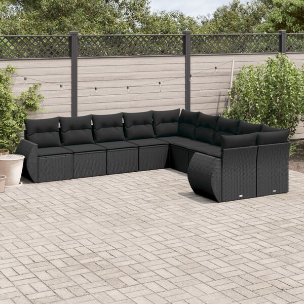 vidaXL Set Divani da Giardino 10pz con Cuscini in Polyrattan Nero