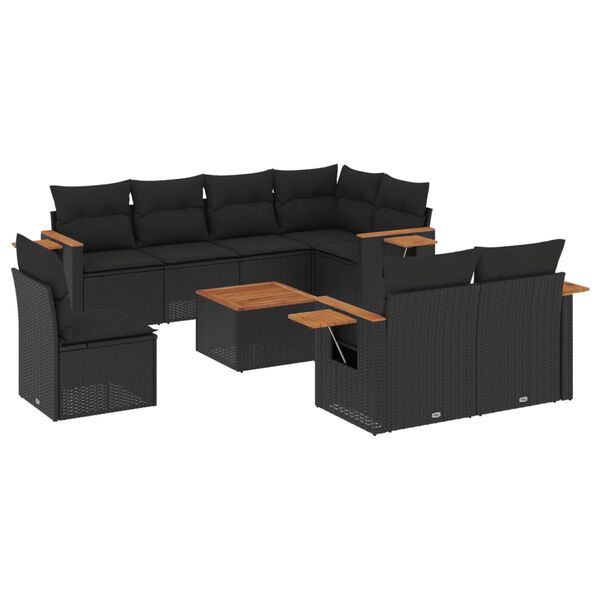 vidaXL Set Divani da Giardino 9 pz con Cuscini Nero in Polyrattan