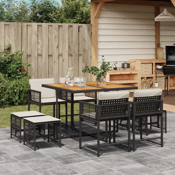 vidaXL Set da Pranzo da Giardino 9 pz con Cuscini Nero in Polyrattan