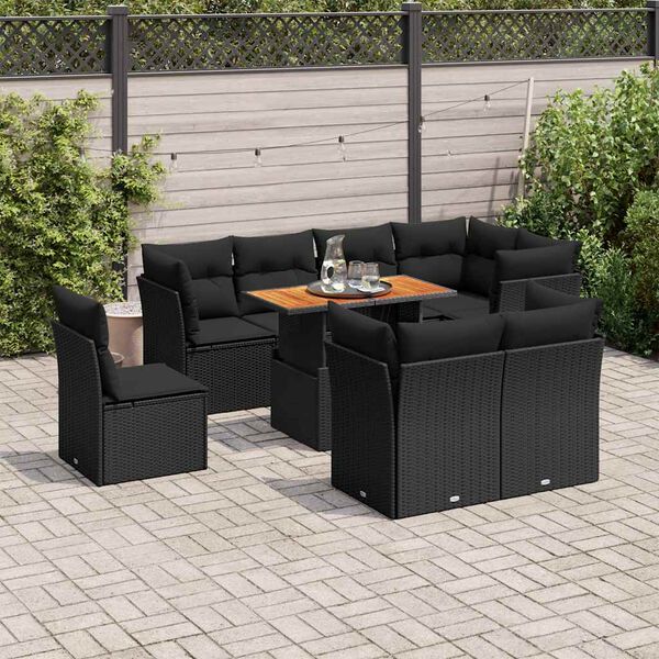 vidaXL Set Divani da Giardino 9 pz con Cuscini Nero in Polyrattan