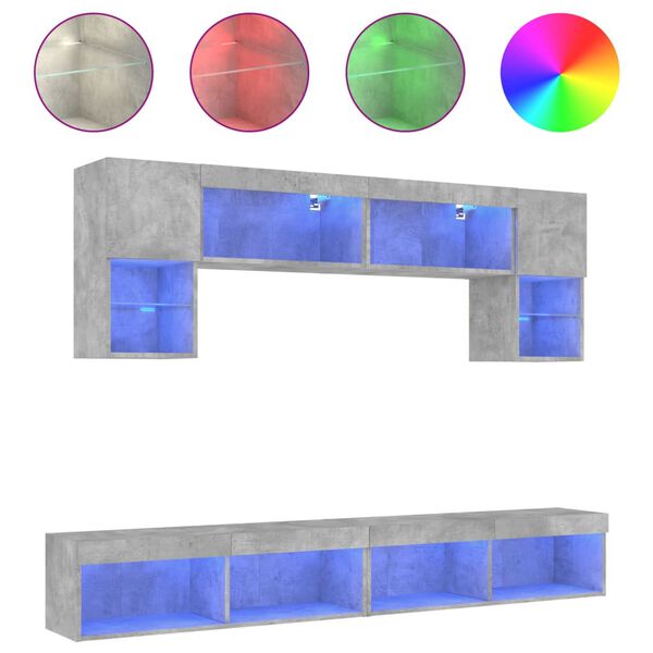 vidaXL Mobili TV a Muro con LED 6pz Grigio Cemento Legno Multistrato