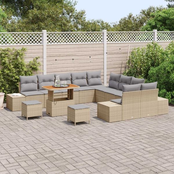 vidaXL Set Divano da Giardino con cuscino 13 pcs Beige Poly Rattan