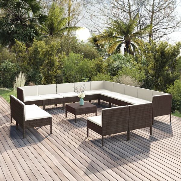vidaXL Set Divani da Giardino 14 pz con Cuscini in Polyrattan Marrone