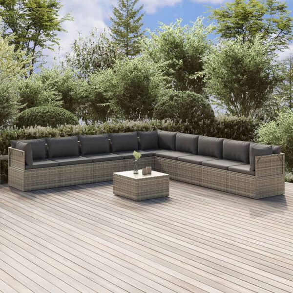 vidaXL Set Divani da Giardino 10 pz con Cuscini in Polyrattan Grigio