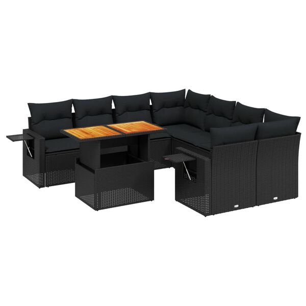 vidaXL Set Divani da Giardino 9 pz con Cuscini Nero in Polyrattan