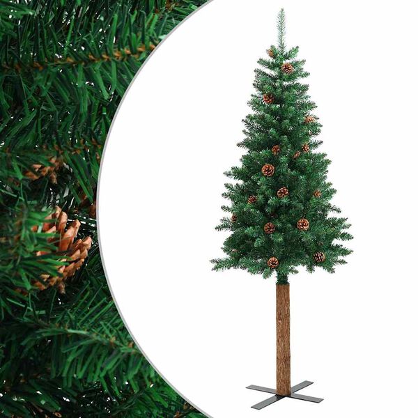 vidaXL Albero di Natale Sottile con Legno Vero e Pigne Verde 150cm PVC