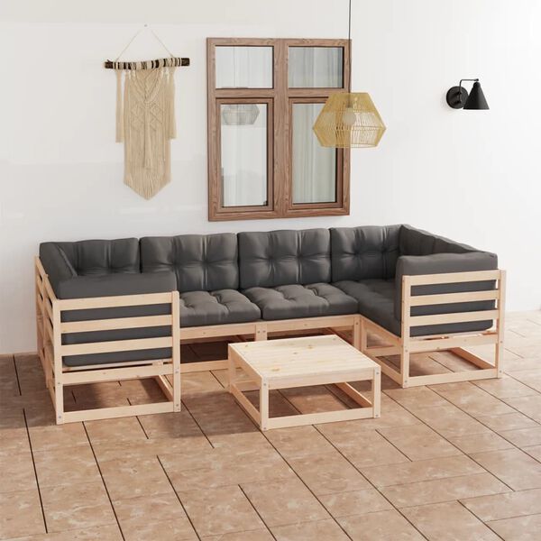 vidaXL Set Salotto Giardino 7 pz Cuscini Antracite Legno Massello Pino