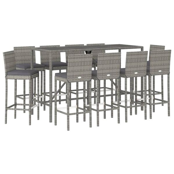vidaXL Set Bar da Giardino 11 pz con Cuscini in Polyrattan Grigio