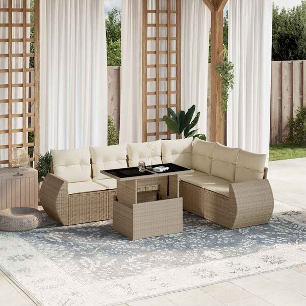 vidaXL Set Divani da Giardino 7 pz con Cuscini Beige in Polyrattan