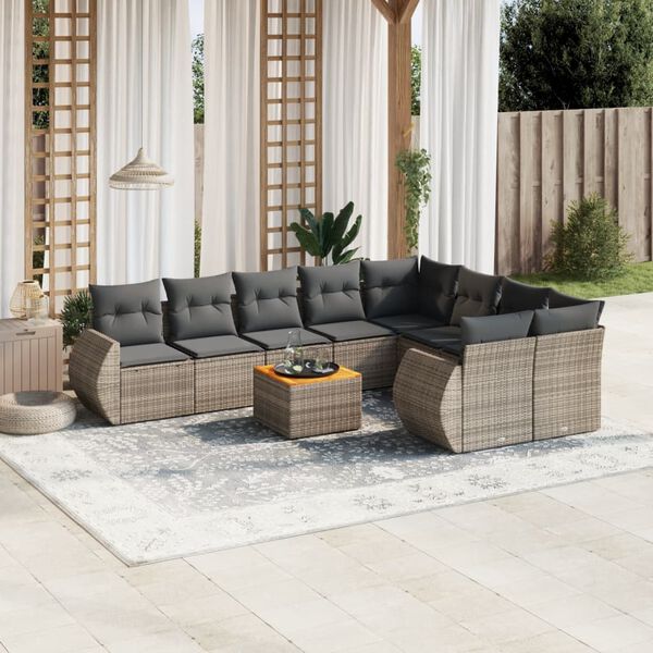 vidaXL Set Divano da Giardino 10 pz con Cuscini Grigio in Polyrattan